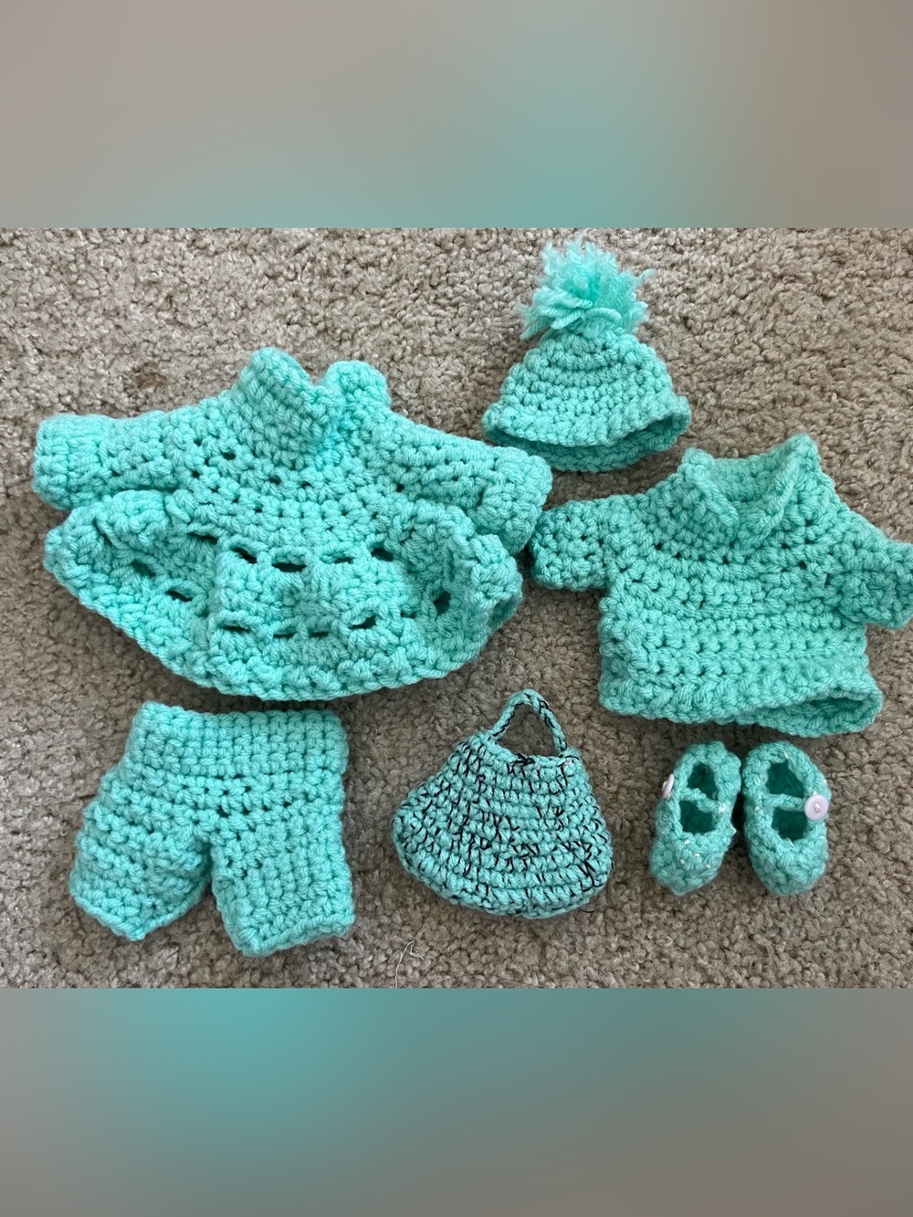 Handmade Crochet Doll Outfit Set – 6 Piece Light Blue Ensemble